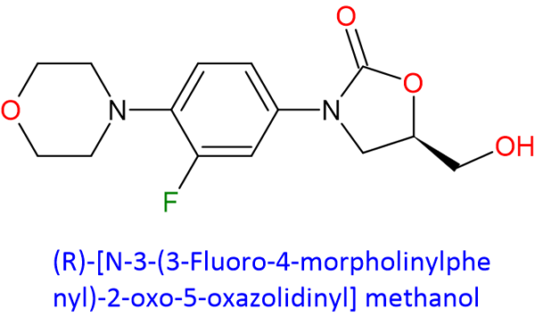 Chemical Structure of Linezolid (R)-[N-3-(3-Fluoro-4-Morpholinylphenyl)-2-Oxo-5-Oxazolidinyl] Methanol , 168828-82-8