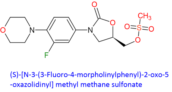 Chemical Structure of Linezolid (S)-[N-3-(3-Fluoro-4-Morpholinylphenyl)-2-Oxo-5-Oxazolidinyl] Methyl Methane Sulfonate , 2180621-71-8