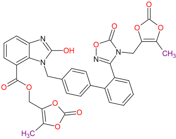Chemical Structure of Des Ethyl Dimedoxomil Azilsartan Molecular Formula C33H24N4O11