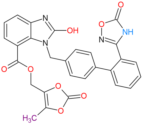 "Chemical structure of Desethyl Azilsartan Medoxomil Molecular Formula C28H20N4O8"