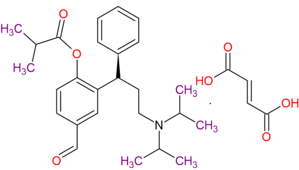 Chemical structure of ±)-2-(3-(Diisopropylamino)-1-Phenylpropyl)-4-Formylphenyl Isobutyrate Hydrogen Fumarate